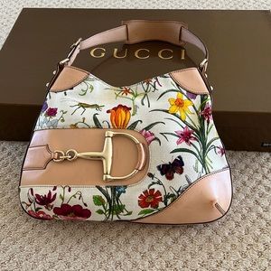 Gucci Beige Floral Canvas and Leather Hasler Horsebit Hobo